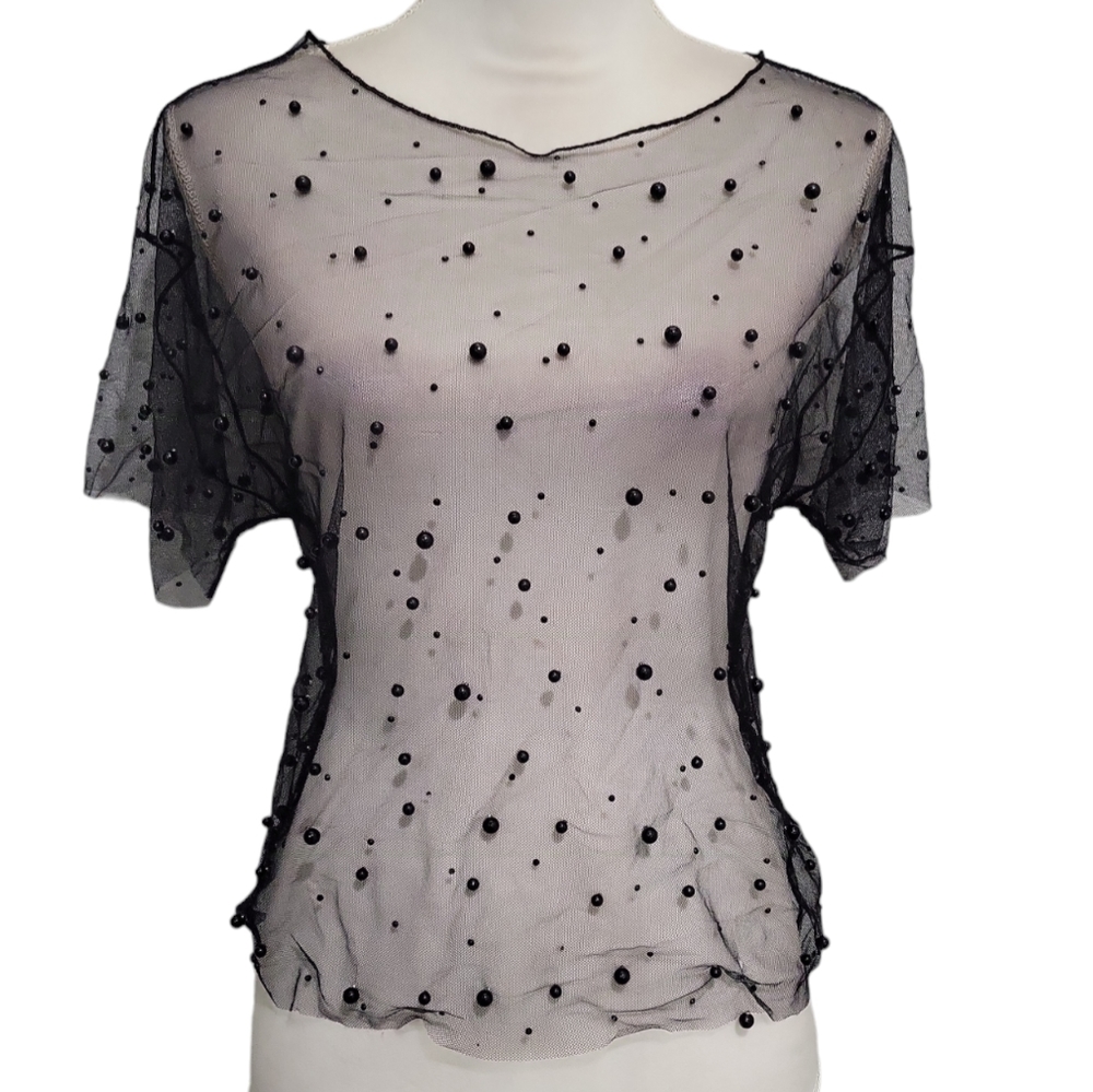 Forever 21 Beaded Sheer Mesh Overlay Top Size Medium